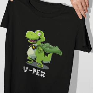 t shirt with a superhero dinosaur wearing a green cape and the words "V Rex"