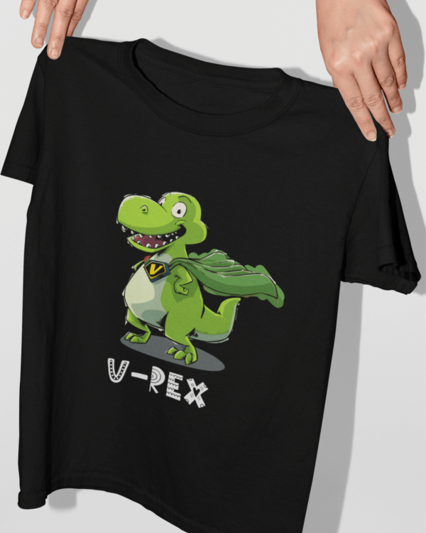 t shirt with a superhero dinosaur wearing a green cape and the words "V Rex"