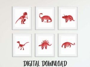 red dinosaur wall art prints for kids