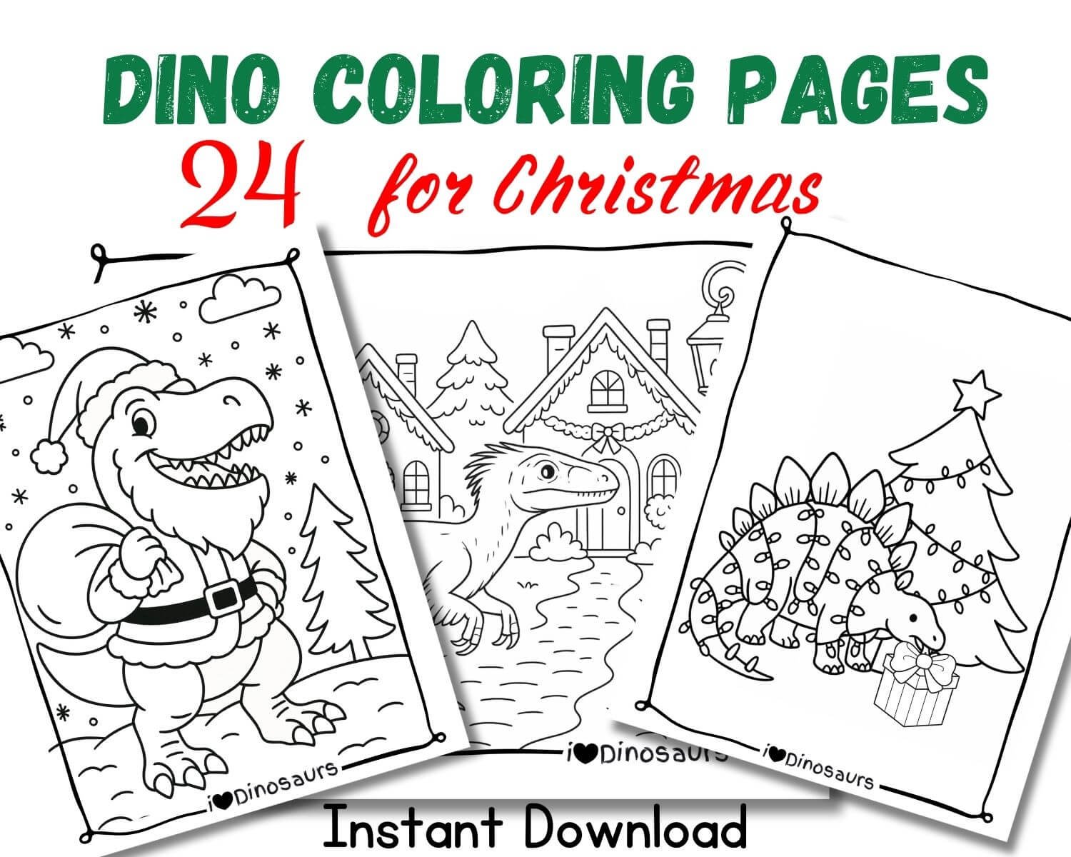 product picture for 24 dinosaur coloring pages for christmas featuring 3 examples