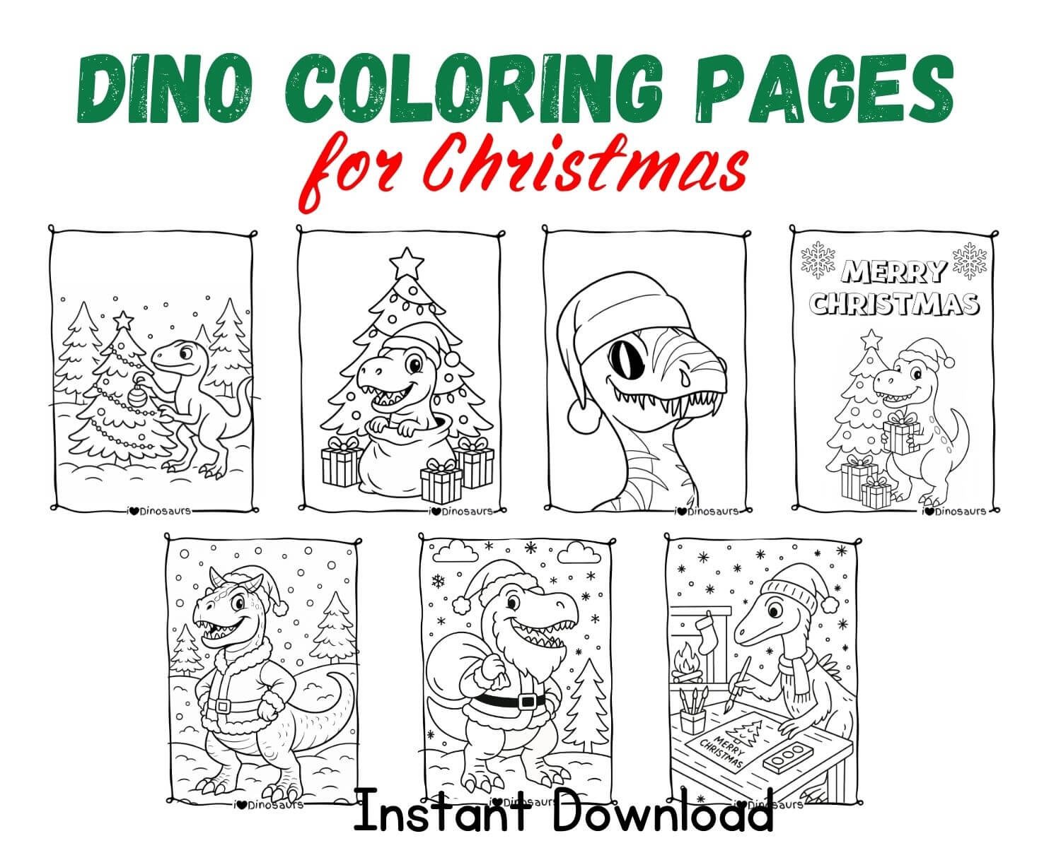 product picture for a dinosaur coloring book for christmas, featuring 7 examples