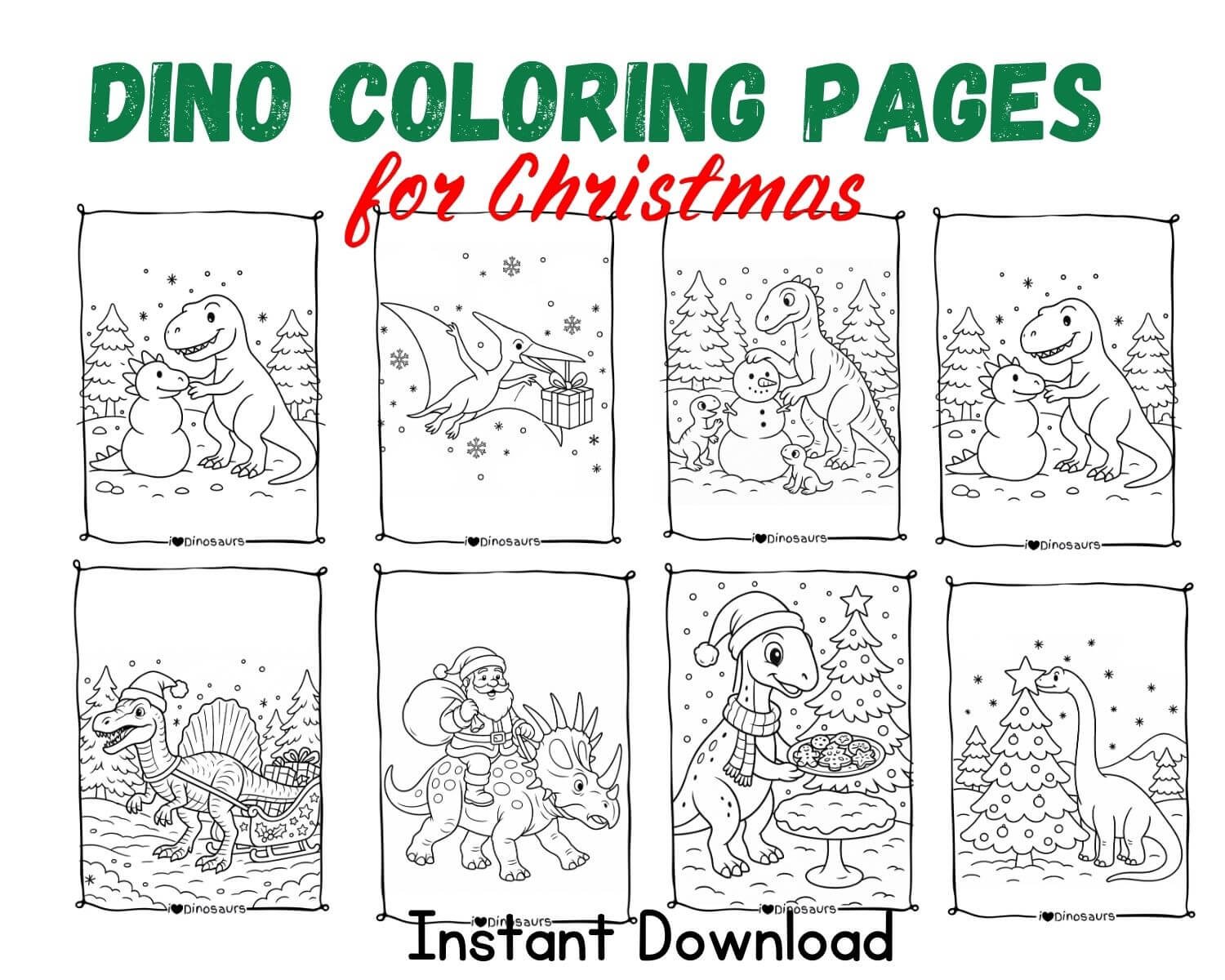 product picture for christmas coloring pages with dinosaurs, featuring 8 examples