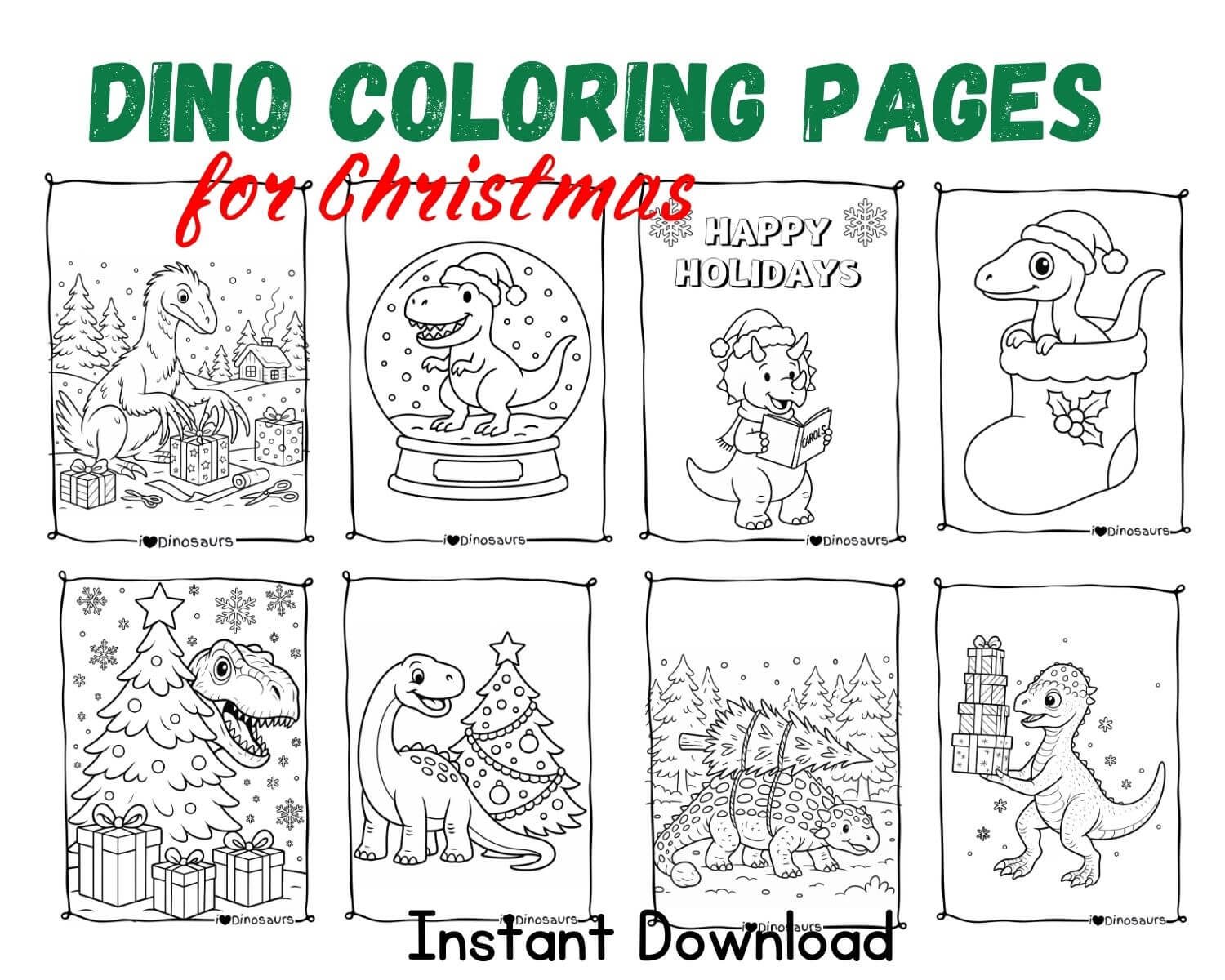 product picture for dinosaur coloring pages for christmas, featuring 8 examples