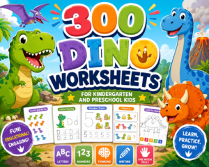 product picture of our dinosaur worksheets bundle für kindergarten and preschool kids, showing colorful dinosaurs and worksheet examples