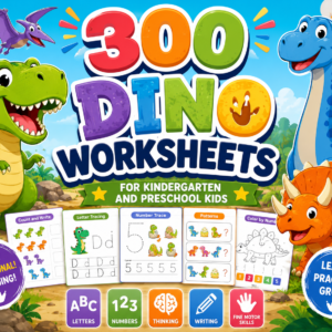 product picture of our dinosaur worksheets bundle für kindergarten and preschool kids, showing colorful dinosaurs and worksheet examples