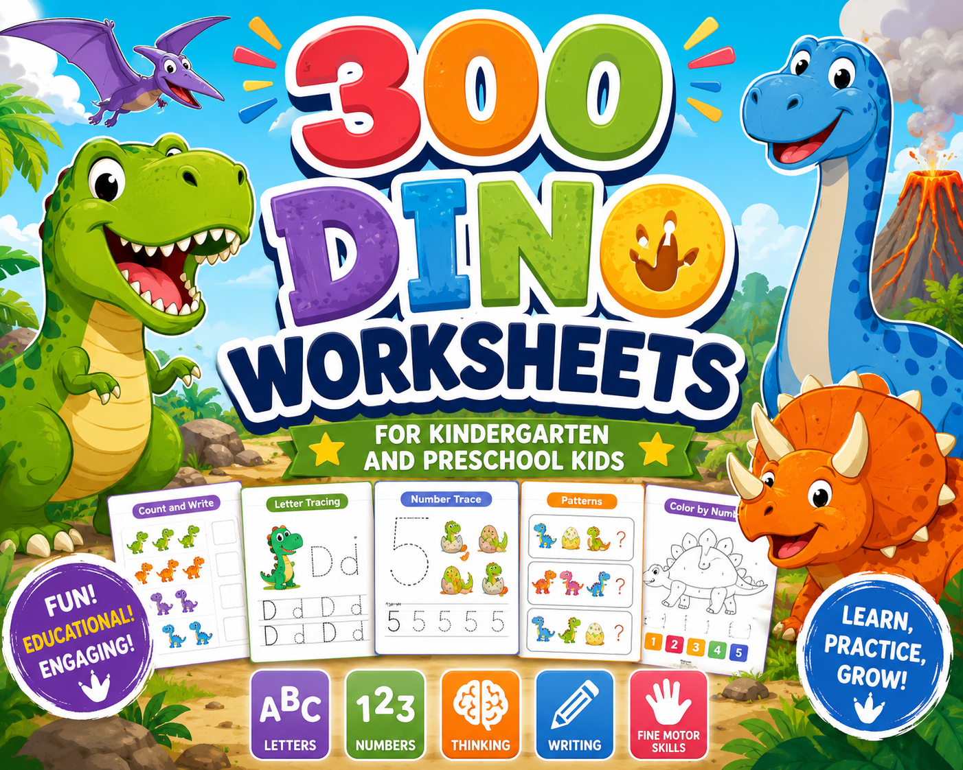 product picture of our dinosaur worksheets bundle für kindergarten and preschool kids, showing colorful dinosaurs and worksheet examples