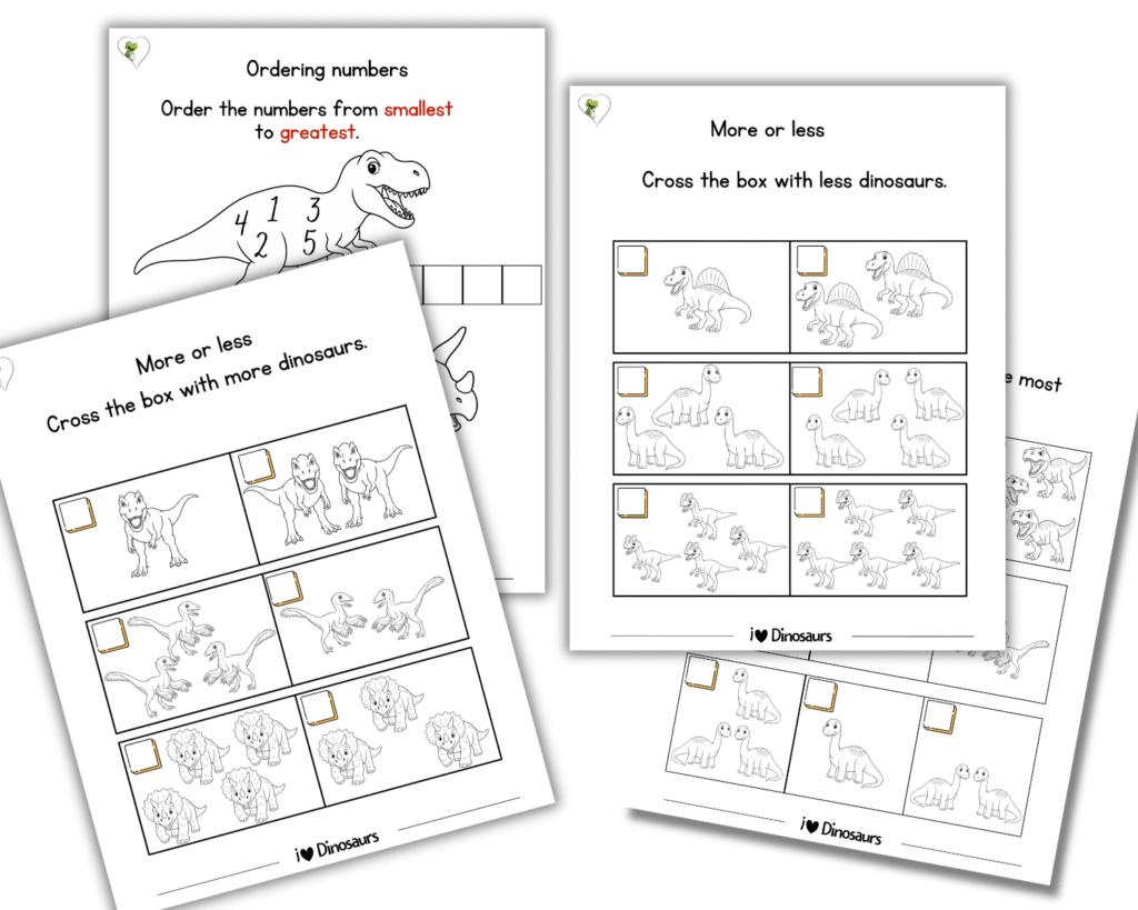 Dinosaur comparing and ordering numbers worksheets for preschool and kindergarten