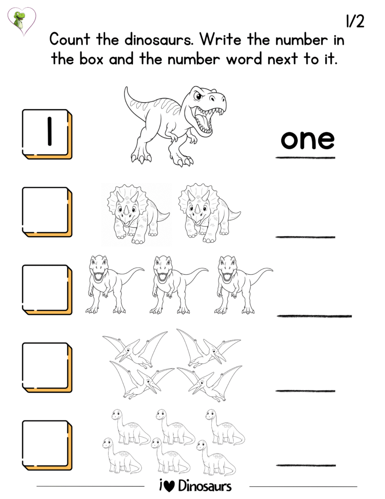 printable dinosaur counting worksheet for preschool and kindergarten