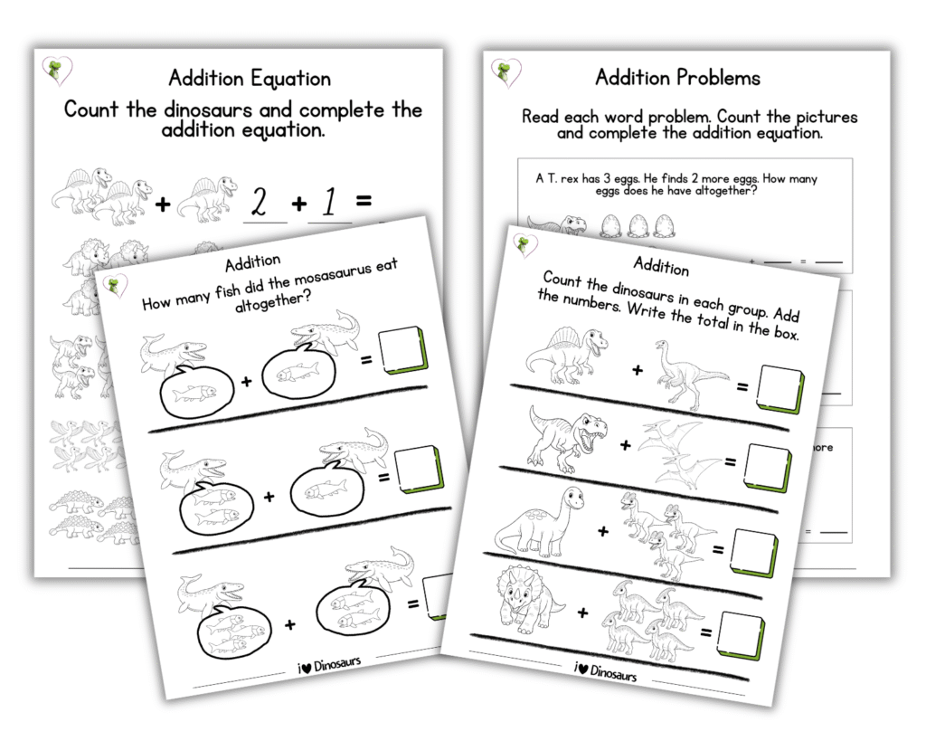 Dinosaur Addition Worksheets for Kindergarten