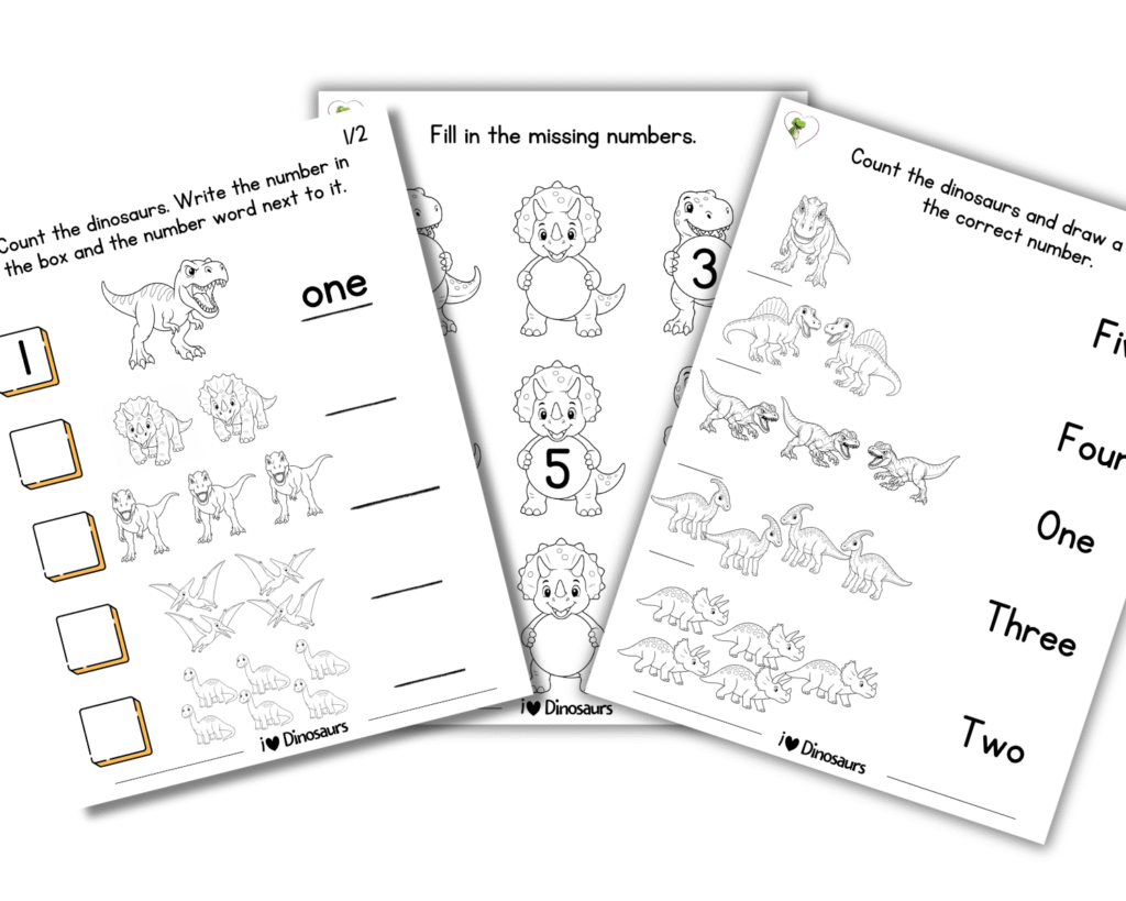 Three printable dinosaur counting worksheets for preschool and kindergarten