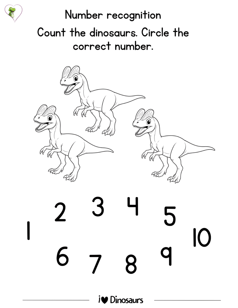 Dinosaur number recognition worksheet for preschool and kindergarten – printable PDF for learning numbers with dinosaurs
