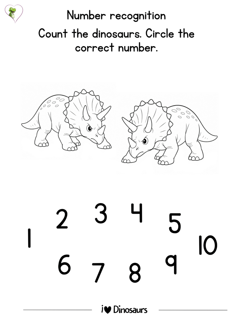 Dinosaur number recognition worksheet for preschool and kindergarten – printable PDF for learning numbers with dinosaurs