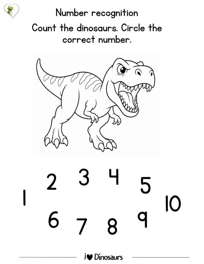 Dinosaur number recognition worksheet for preschool and kindergarten – printable PDF for learning numbers with dinosaurs