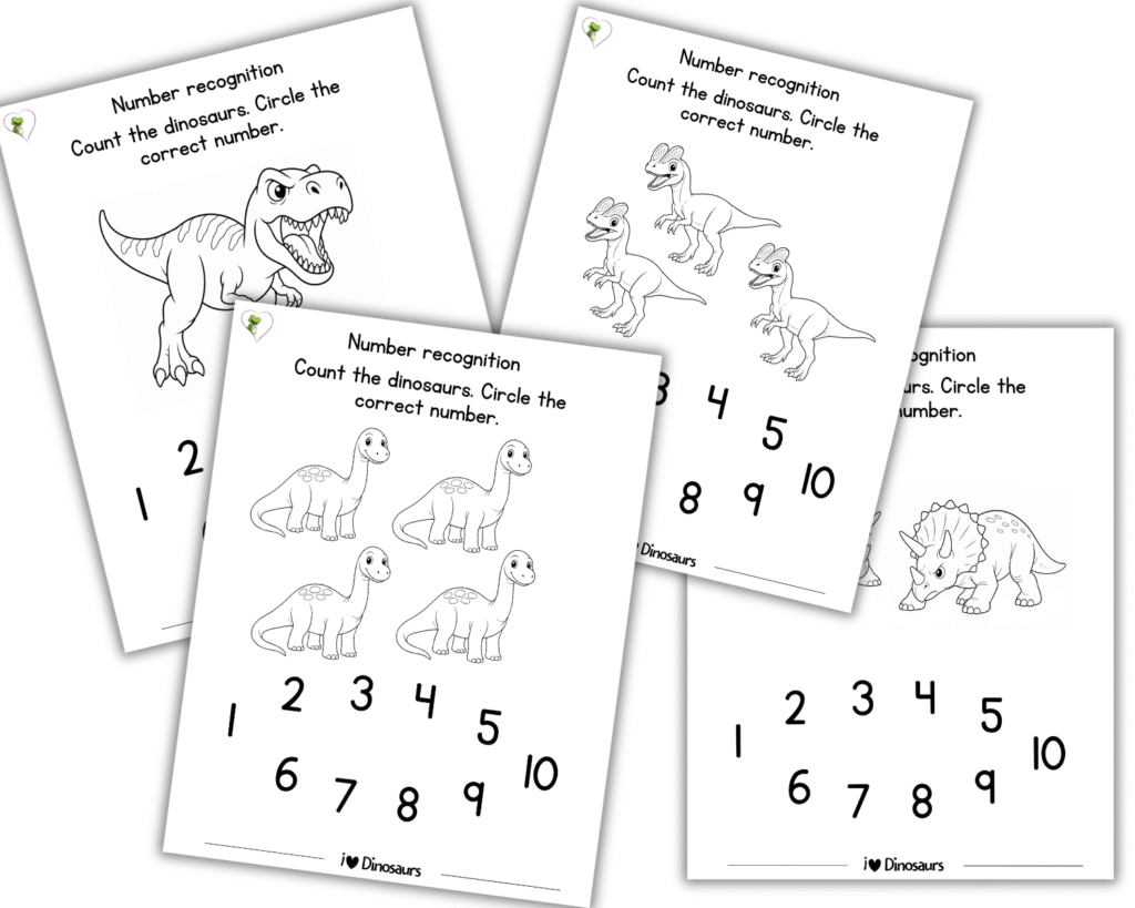 Dinosaur number recognition worksheets for preschool – printable PDF activities for learning numbers