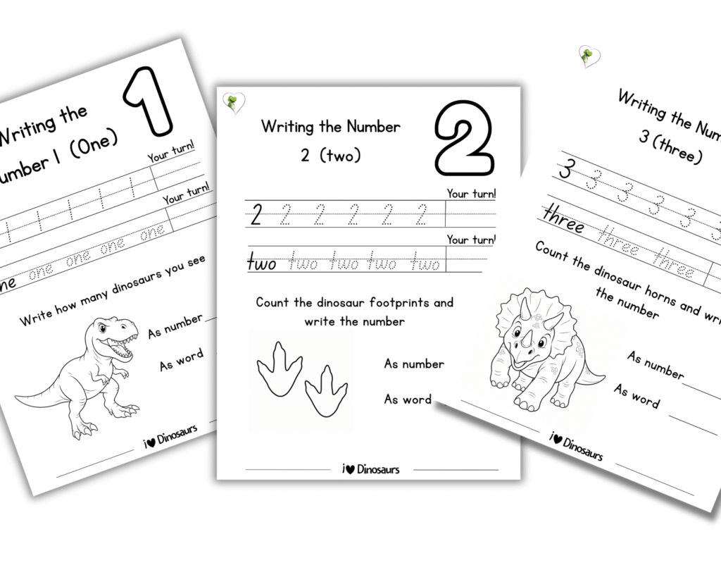 Dinosaur number writing worksheets for preschool and kindergarten with three free printable number and number word practice sheets