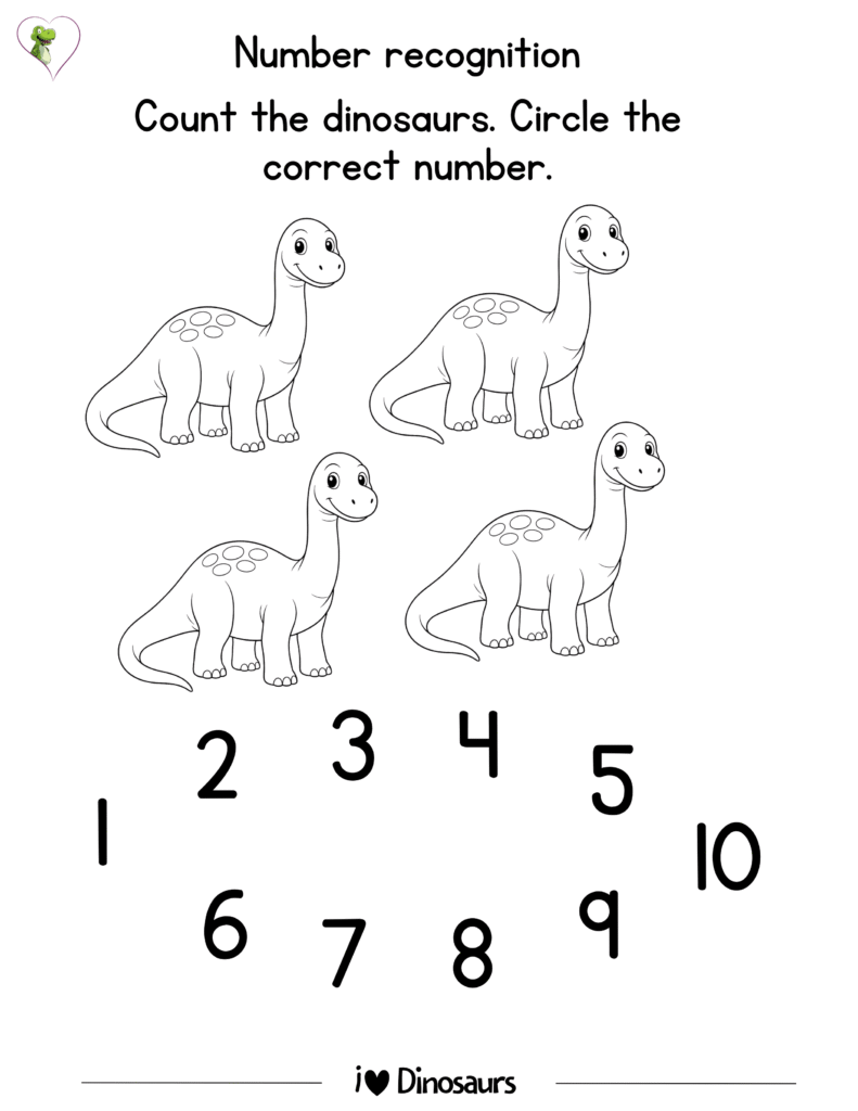 Dinosaur number recognition worksheet for preschool and kindergarten – printable PDF for learning numbers with dinosaurs