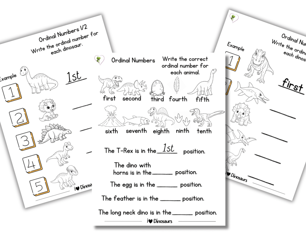 Dinosaur ordinal numbers worksheets for kindergarten with three printable worksheet examples
