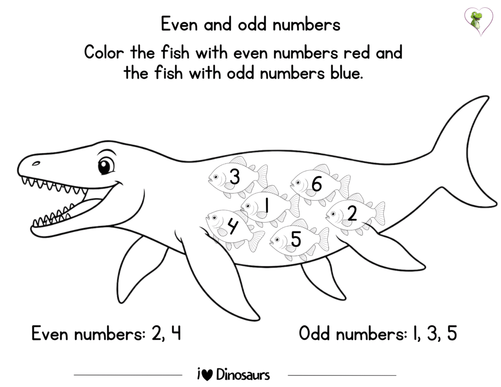 Dinosaur even and odd numbers worksheets for kindergarten and preschool