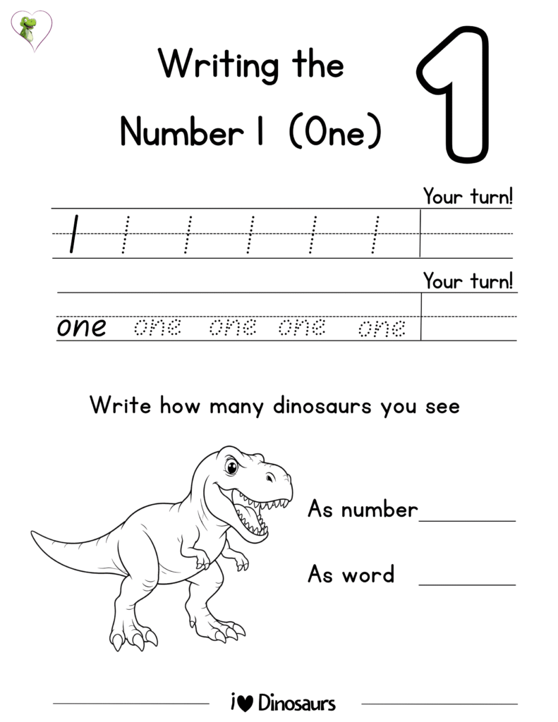 Free printable dinosaur number writing worksheet for number 1 with tracing and coloring