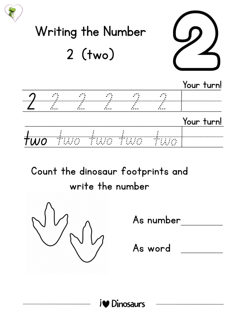 Free printable dinosaur number writing worksheet for number 2 with tracing and coloring