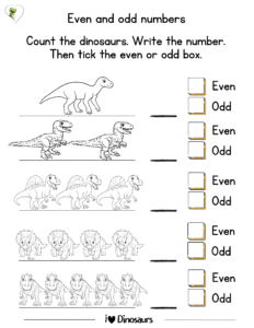 Dinosaur even and odd numbers worksheets for kindergarten and preschool