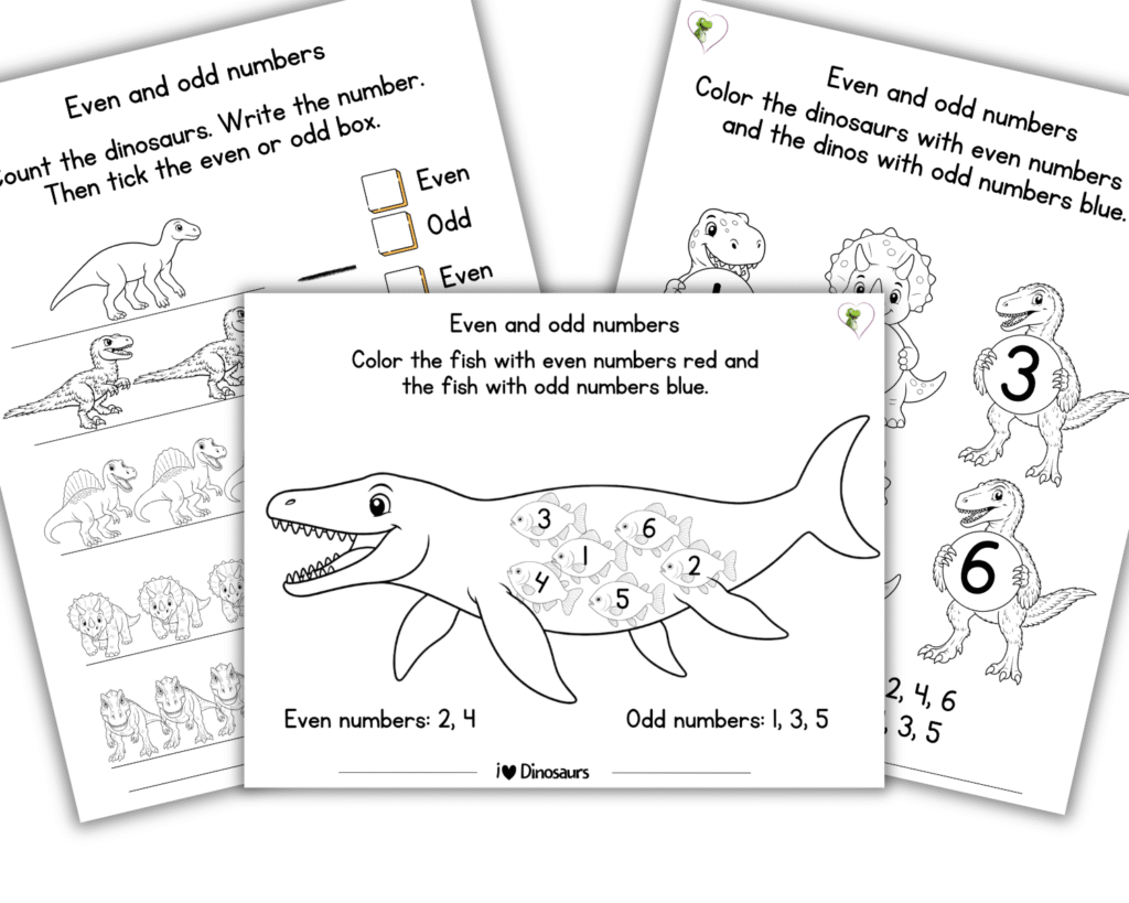 Dinosaur even and odd numbers worksheets for kindergarten and preschool