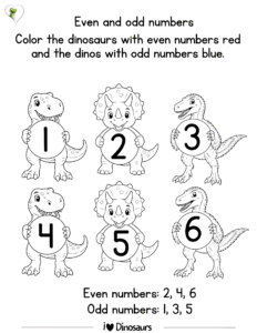 Dinosaur even and odd numbers worksheets for kindergarten and preschool