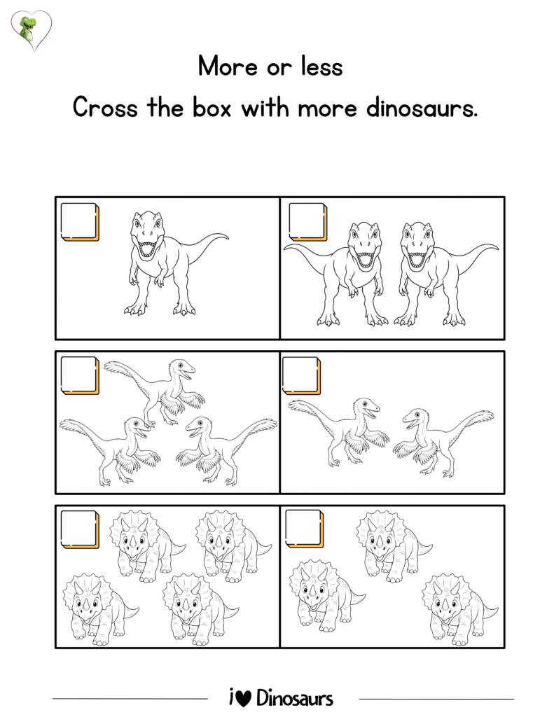 More or less worksheets for preschool and kindergarten with dinosaur-themed printable math activities.