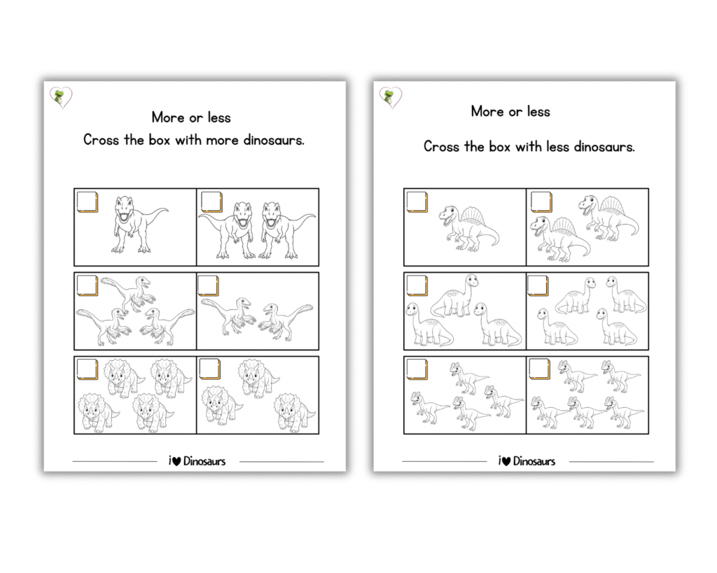 More or less worksheets for preschool and kindergarten with dinosaur-themed printable math activities.