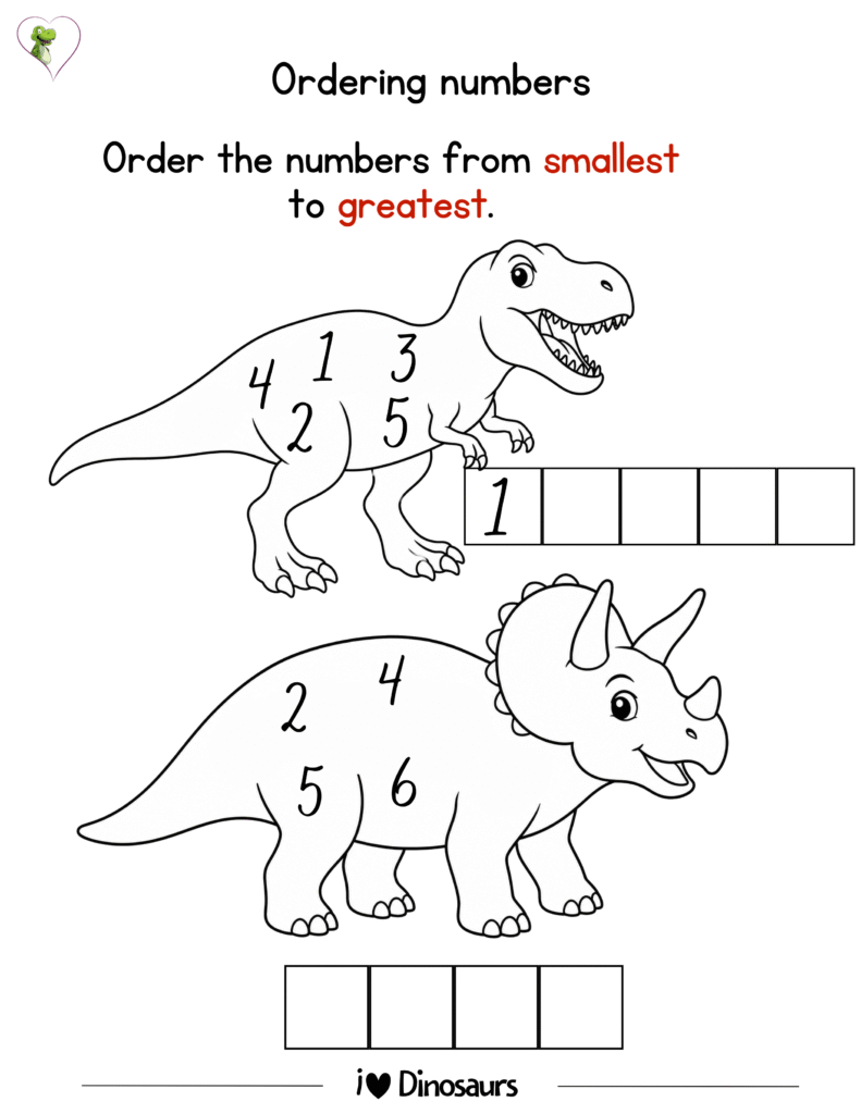 dinosaur ordering numbers worksheet for preschool and kindergarten