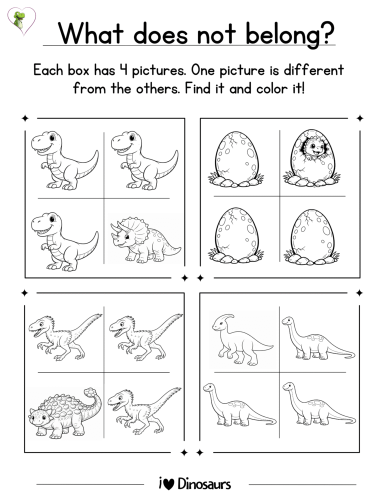 picture features a printable what does not belong worksheet with dinosaurs for kindergarten and preschool kids