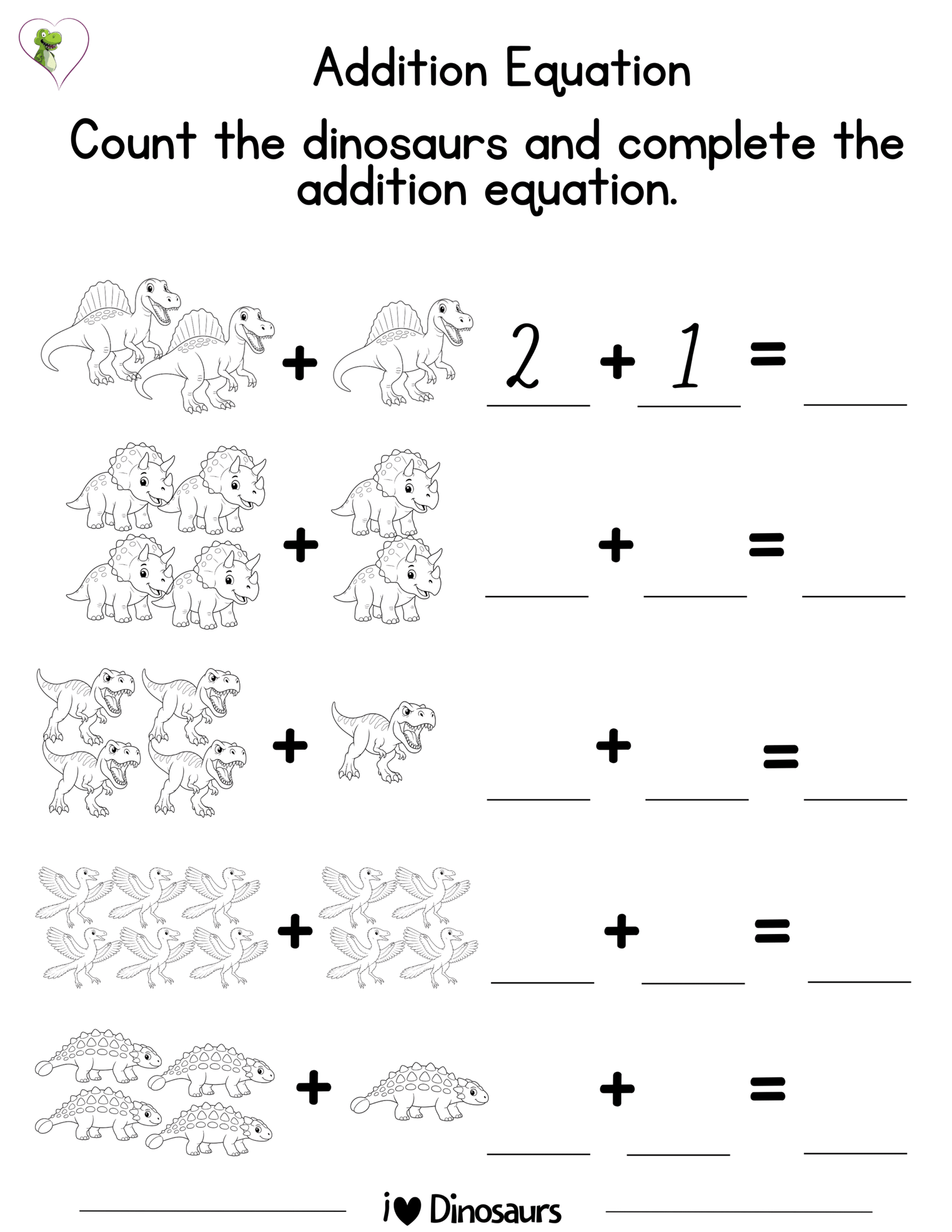 Dinosaur Addition Equation Worksheet for Kindergarten and preschool. Printable PDF