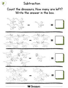 dinosaur subtraction worksheet for kindergarten | printable pdf