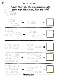 dinosaur subtraction worksheet for preschool | printable pdf