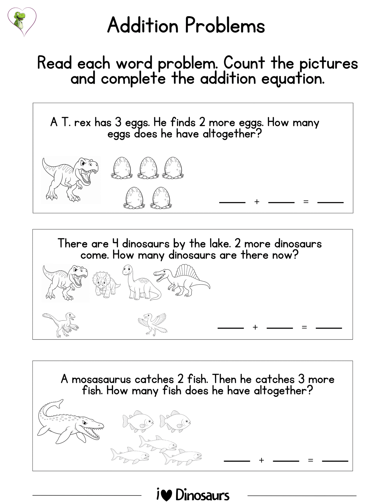 dinosaur addition problems for kindergarten - printable PDF activities for learning numbers