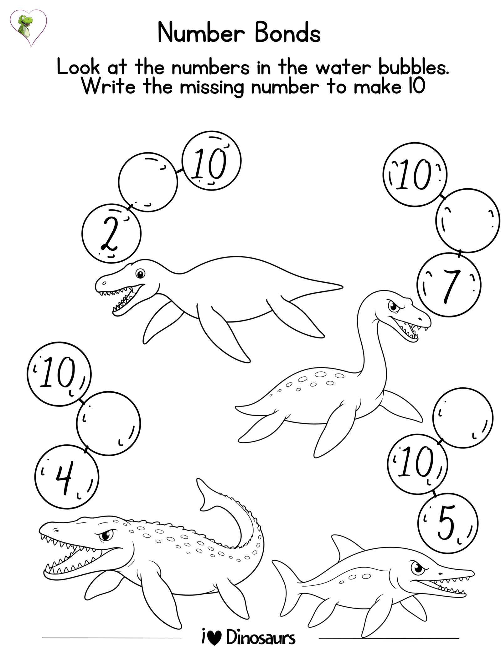 dinosaur number bonds worksheets for kindergarten - free printable pdf