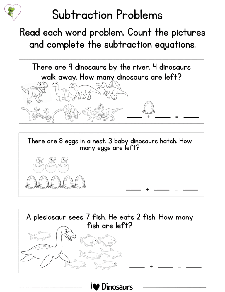 dinosaur subtraction problems for kindergarten | free printable pdf