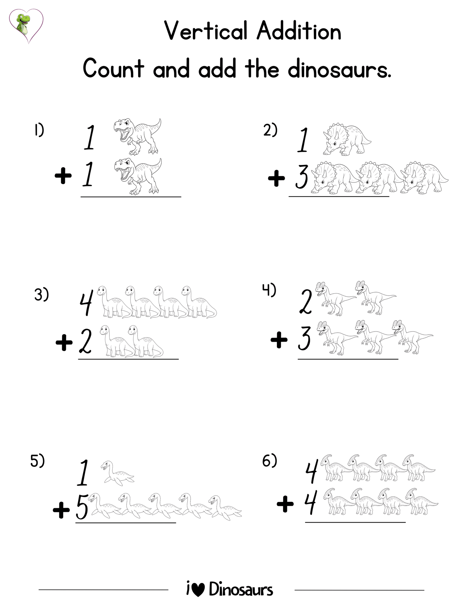 dinosaur vertical addition worksheets - printable pdf for kindergarten and preschool