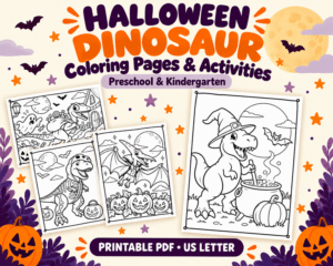 Halloween dinosaur coloring pages and activities for preschool and kindergarten, featuring a witch dinosaur, skeleton T. rex, and vampire pterosaur – printable PDF in US Letter size.