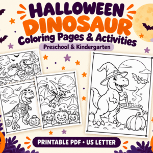 Halloween dinosaur coloring pages and activities for preschool and kindergarten, featuring a witch dinosaur, skeleton T. rex, and vampire pterosaur – printable PDF in US Letter size.